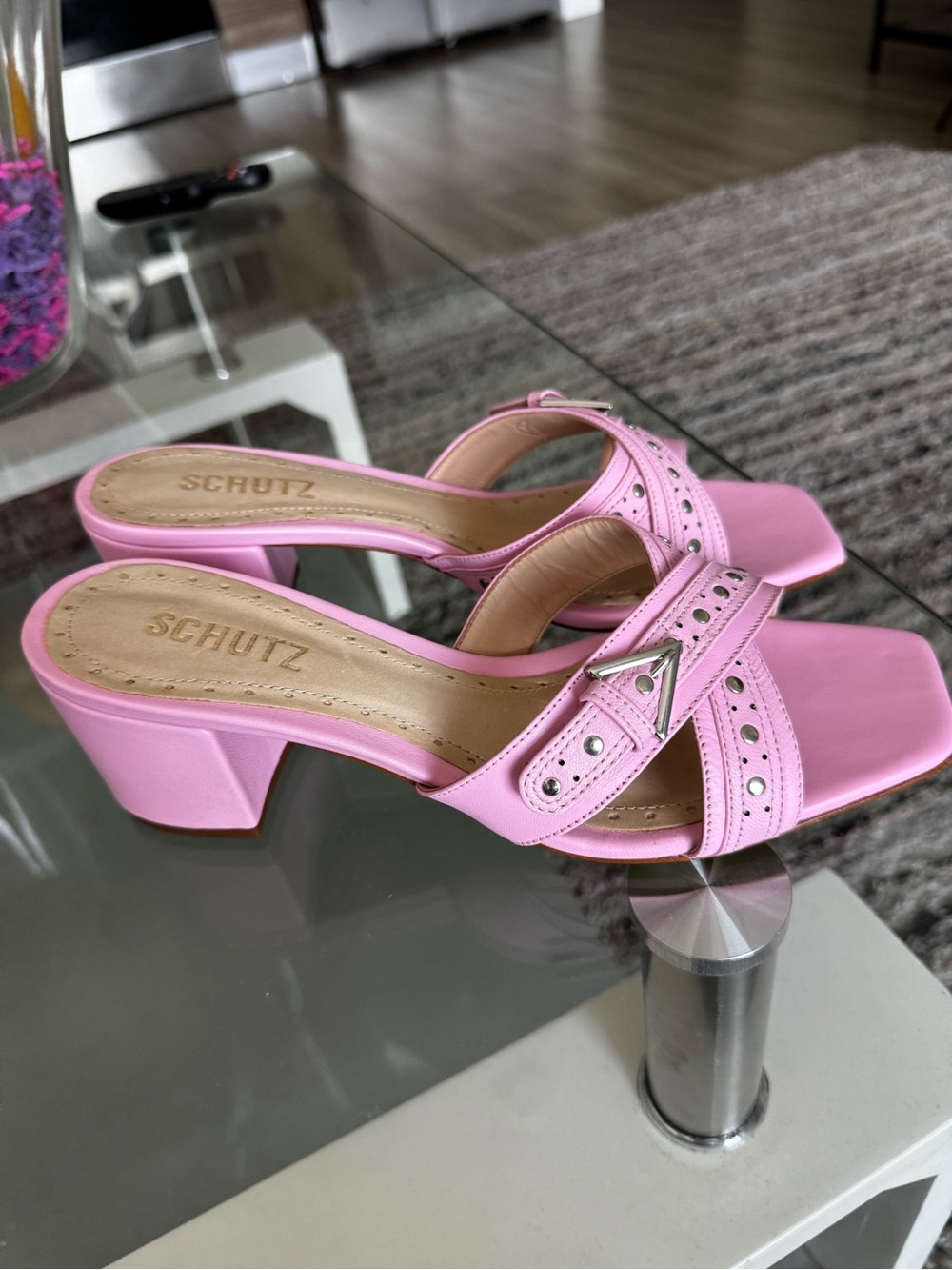 Schutz Pink Leather Block Heel Slide Sandals
